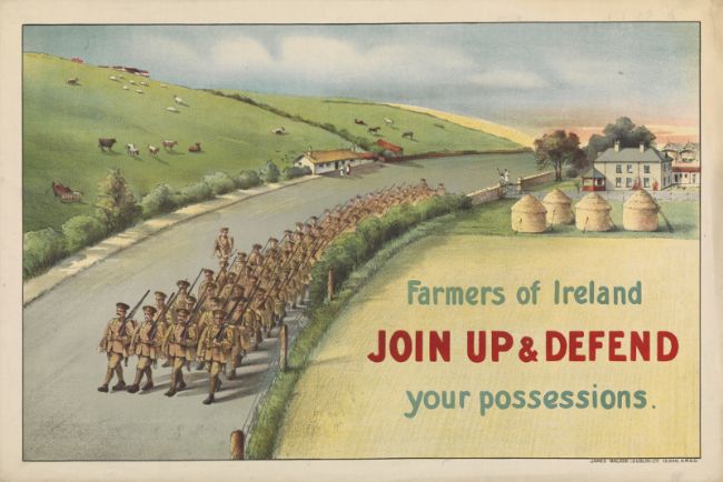 Poster showing cartoon of soldiers marching through farmland in Ireland