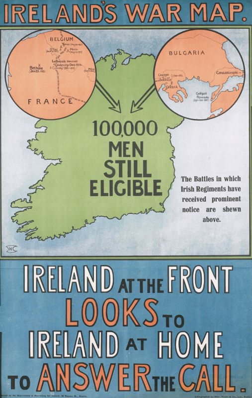 Recruitment poster showing a map of Ireland and sections of  Europe where Irish forces have fought