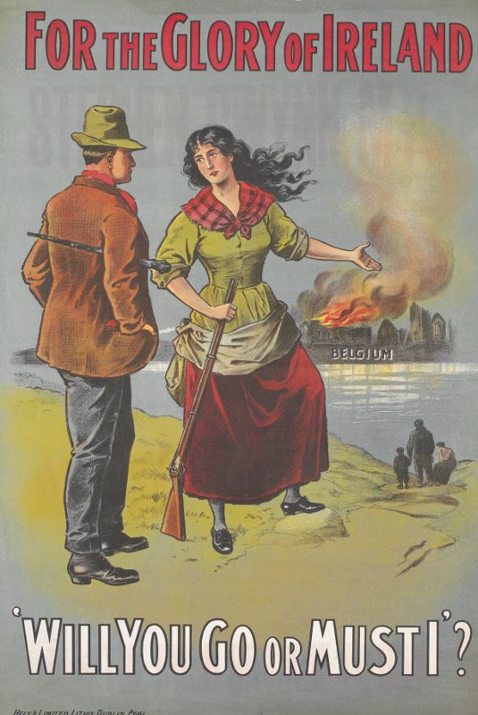Poster showing a woman in traditional Irish dress accompanied by a man. She is gesturing to Belgium burning and fleeing refugees.