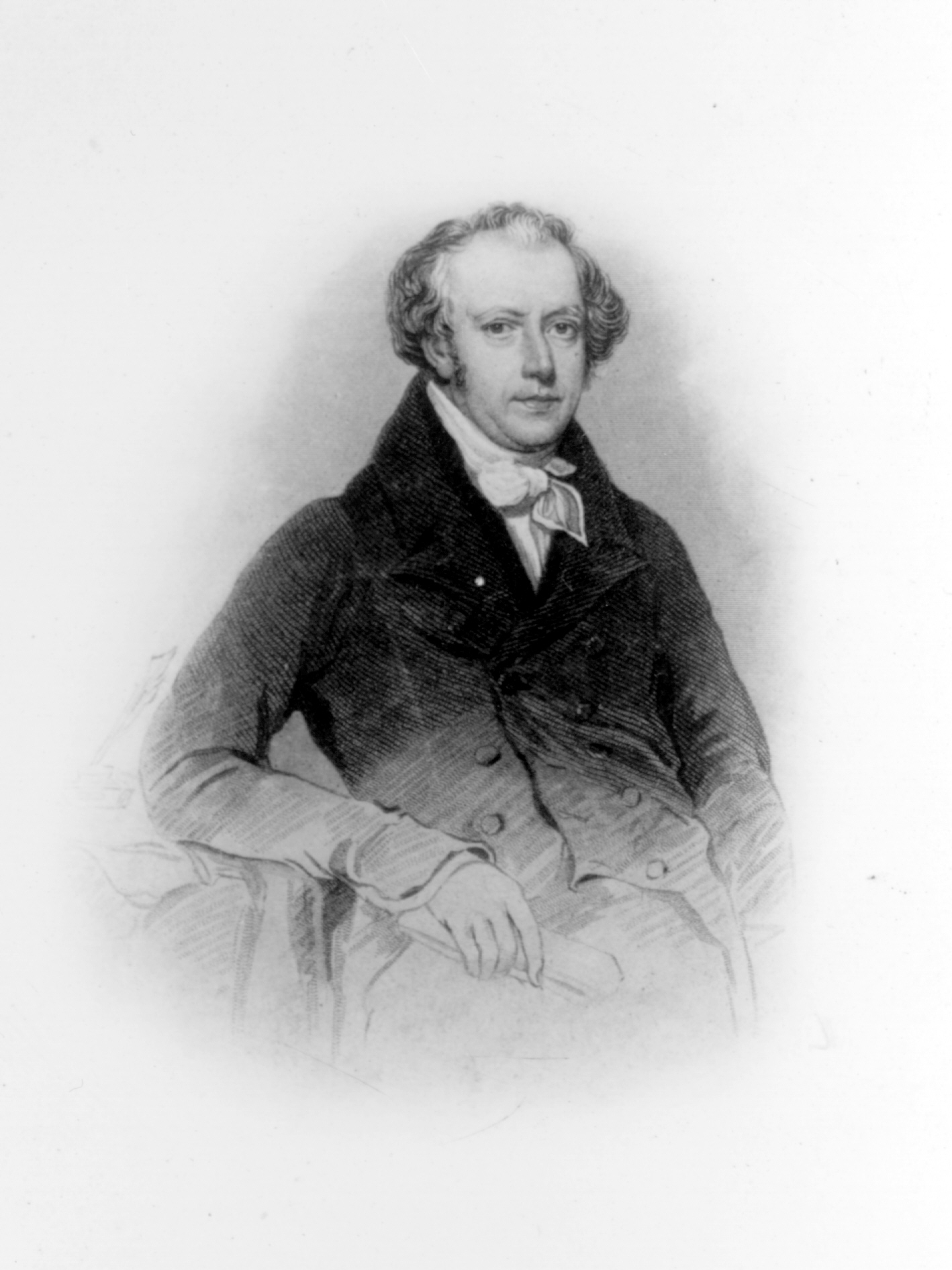 A black and white 19th-century portrait drawing of a man seated and facing slightly to the left. He has wavy hair and sideburns, and is dressed formally in a dark double-breasted coat with a high collar, a white cravat tied around his neck, and a waistcoat. His right hand rests on his lap, while his left arm is supported by the chair. The background is plain and fades out softly around the edges.