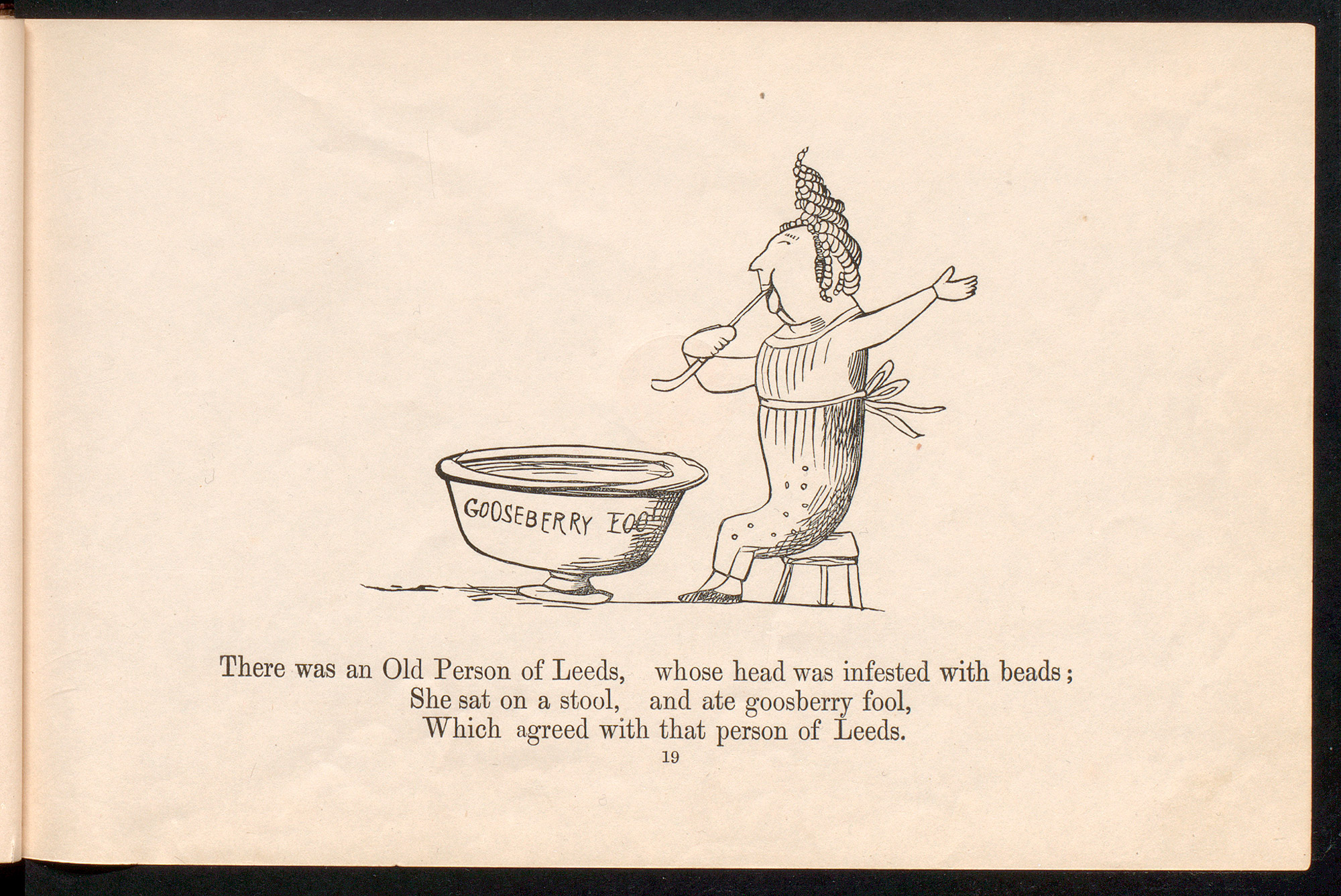 Illustrated page with a limerick about a man making gruel with mice.