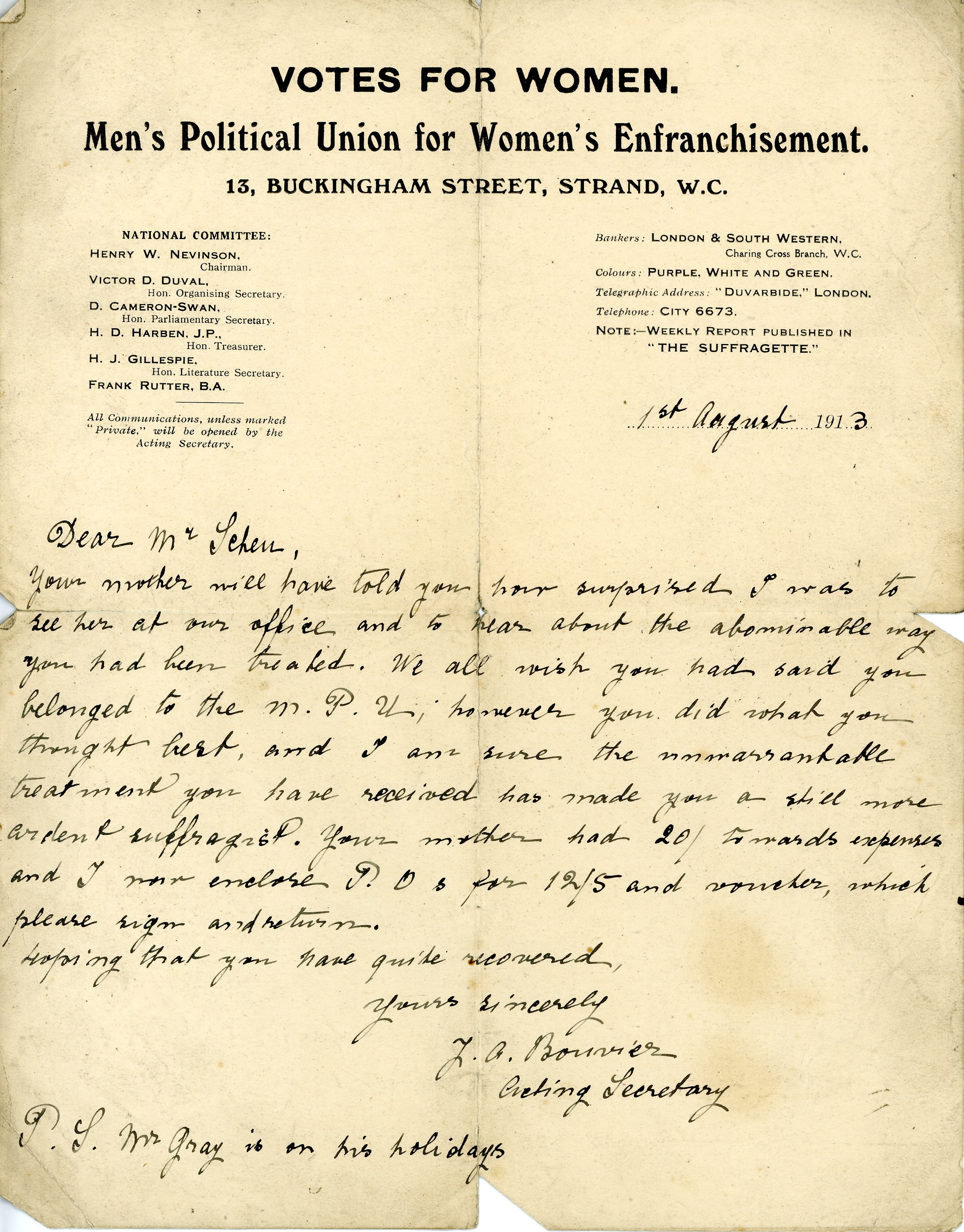 Handwritten letter dated 1 August 1913 with Votes for Women letterhead
