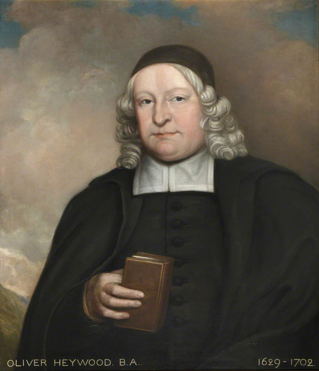 Portrait of a solemn man with curled hair and a cap, wearing a black robe and white collar, holding a brown book. Background shows muted clouds.