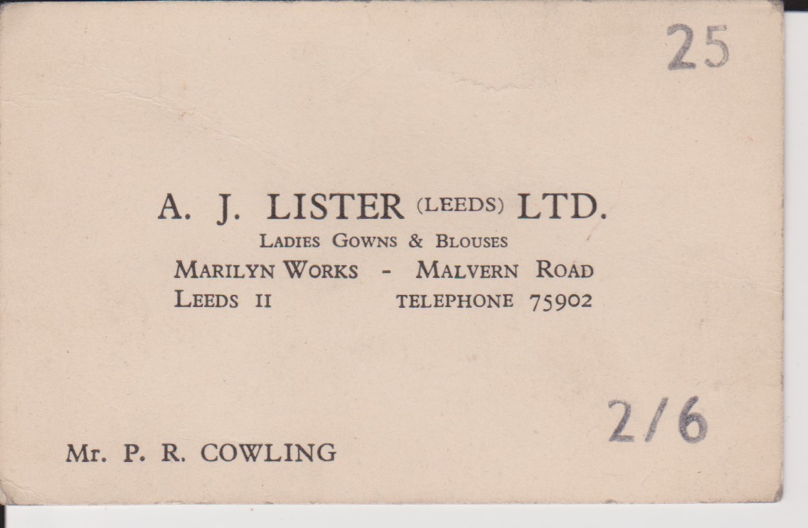 A J Lister Business Card