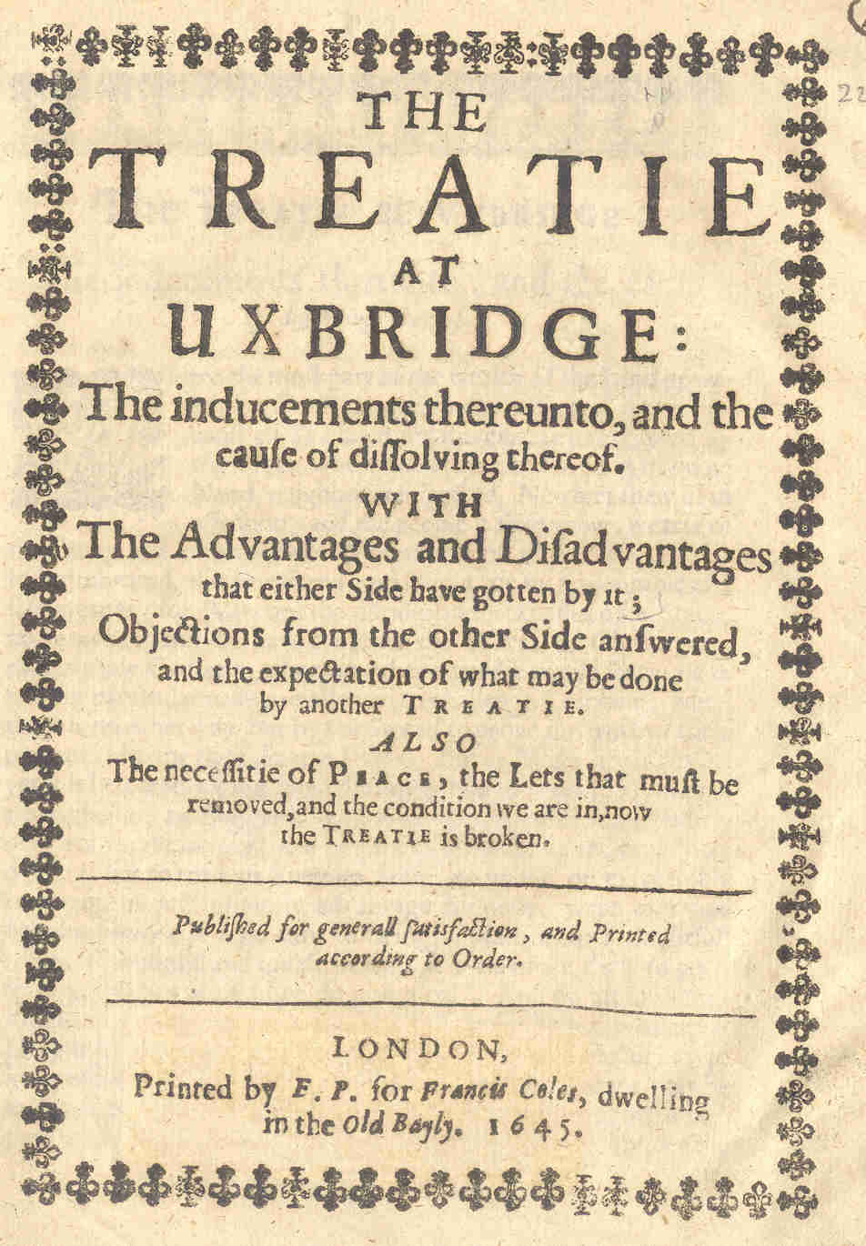 Seventeenth century printed pamphlet with title at top 'The Treaty of Uxbridge' and several paragraphs of text beneath