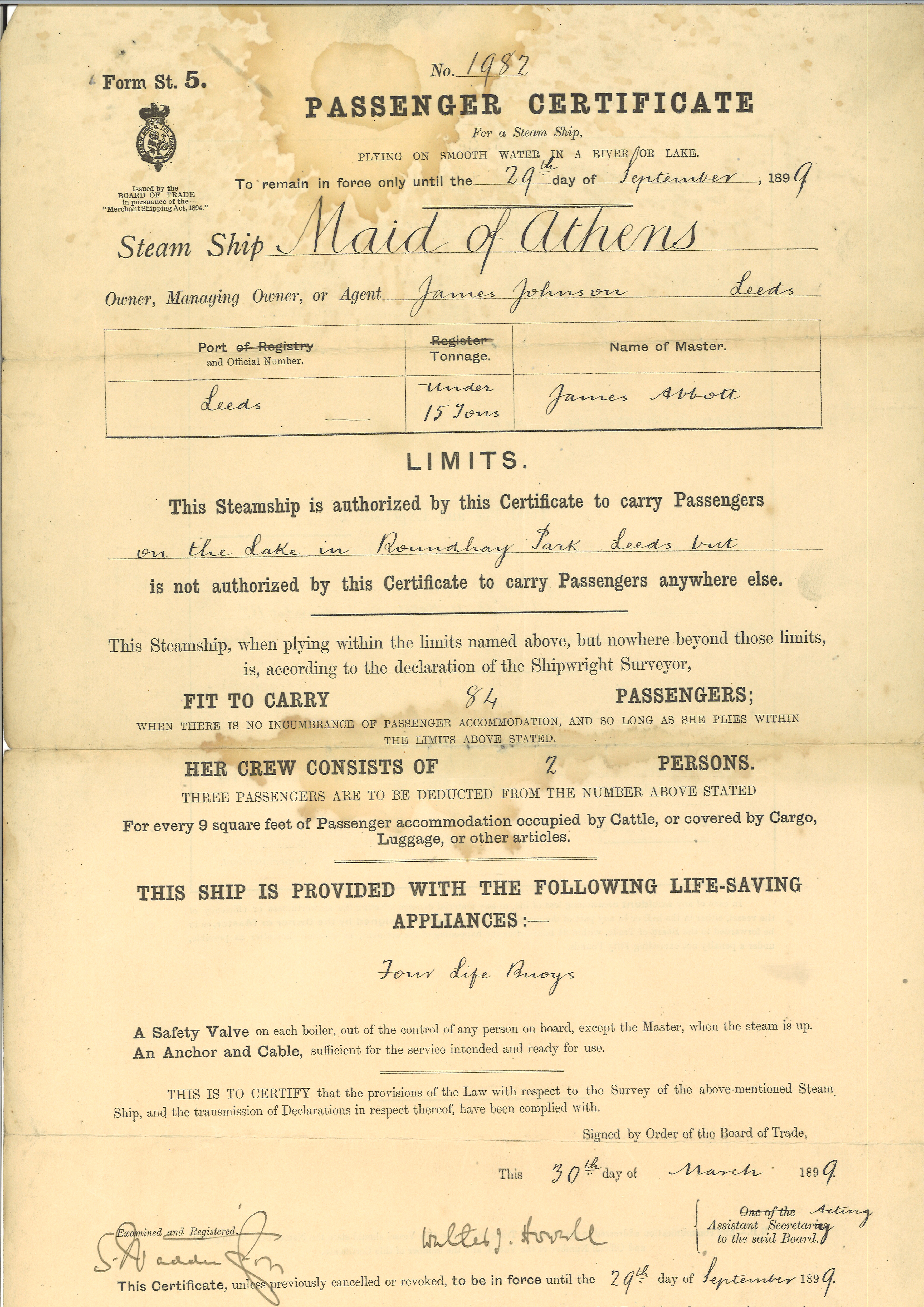 Yellowed paper certificate headed ‘Passenger Certificate’ and detailing the weight limits and number of passengers. The details are handwritten in and it is signed at the bottom.