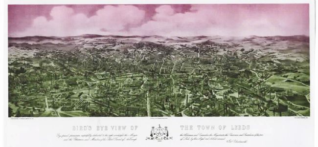 1874 bird's eye view of the city of Leeds, showing factory chimneys and the thick cloud of smoke that they produced
