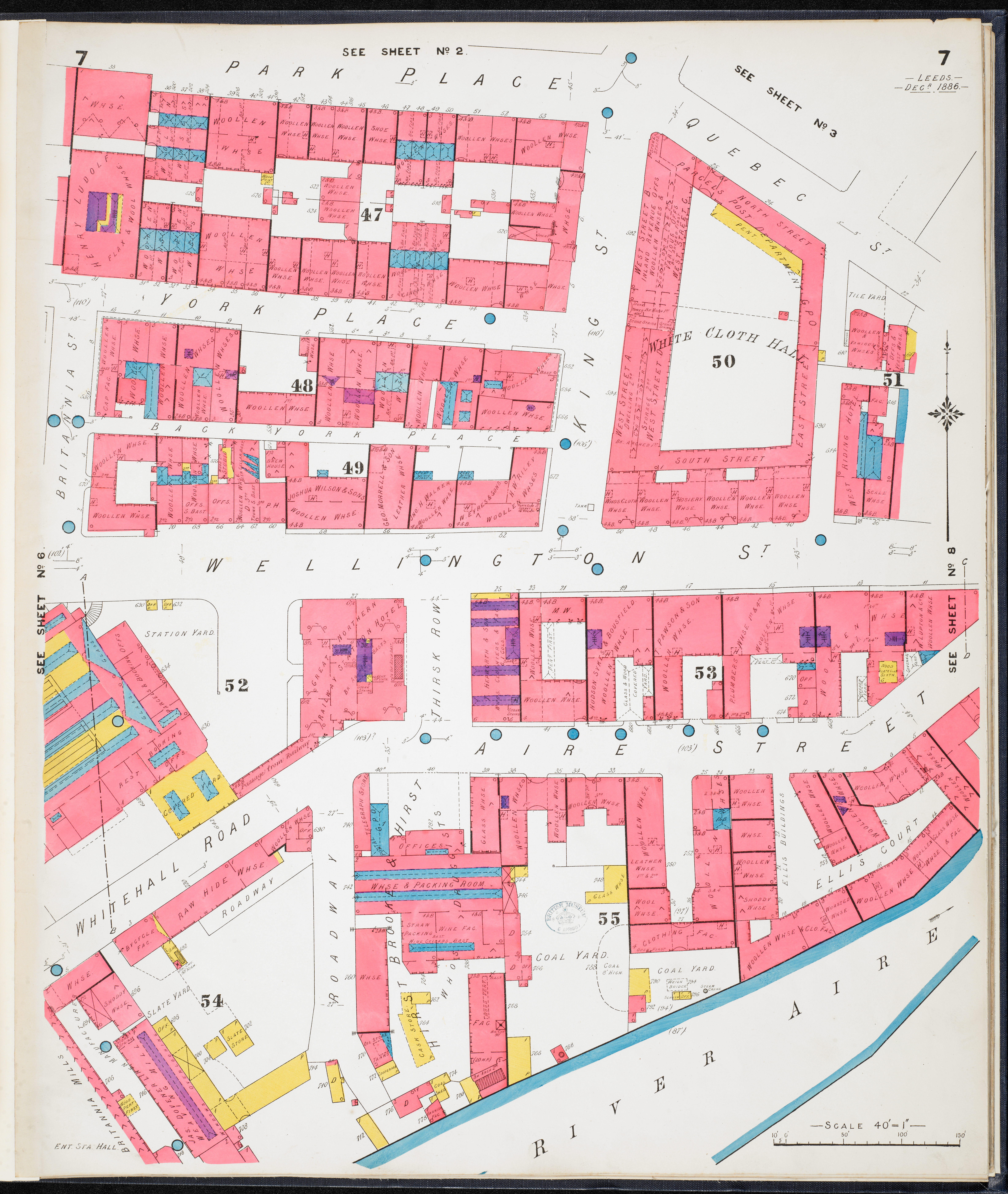 Map drawing of Wellington Street and surrounding streets in Leeds. Buildings are painted in pink.