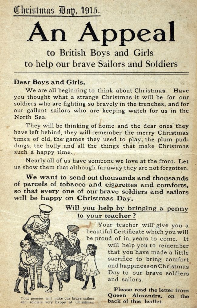 Leaflet from the Overseas Club appealing to children to bring a penny to school to pay for Christmas parcels for soldiers and sailors at the front