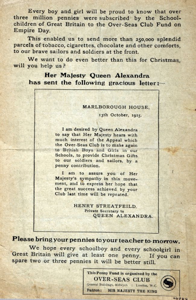 Message from Queen Alexandra in support of the Overseas Club Christmas penny appeal, 1915