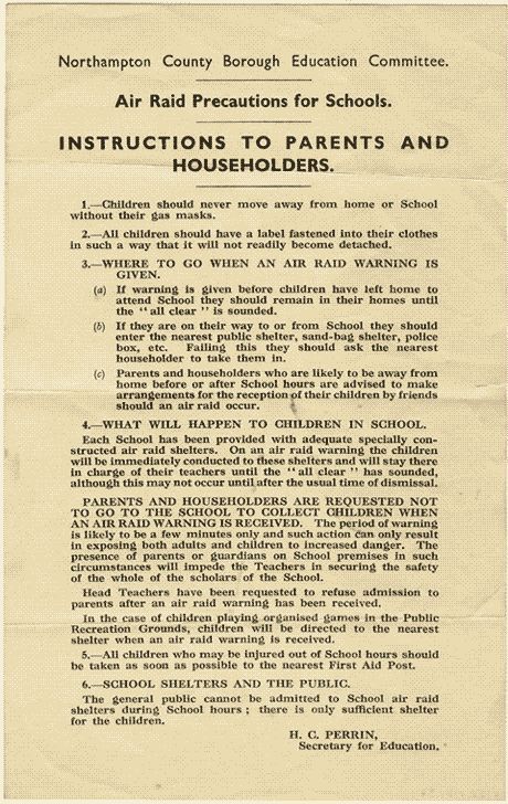 Instructions to Parents and Householders.  1.  Children should never move away from home or school without their gas masks. 2.  All children should have a label fastened into their clothes in such a way that it will not readily become detached.