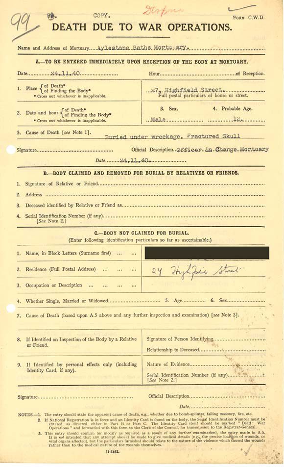 Certificate reads: "Death due to war operations,"