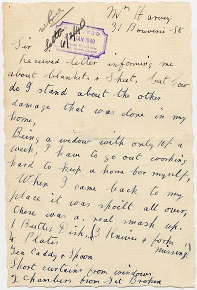 Handwritten complaint letter about Evacuees.  Part of it reads, "when I came back to my place it was spoilt all over, there was a real smash up".