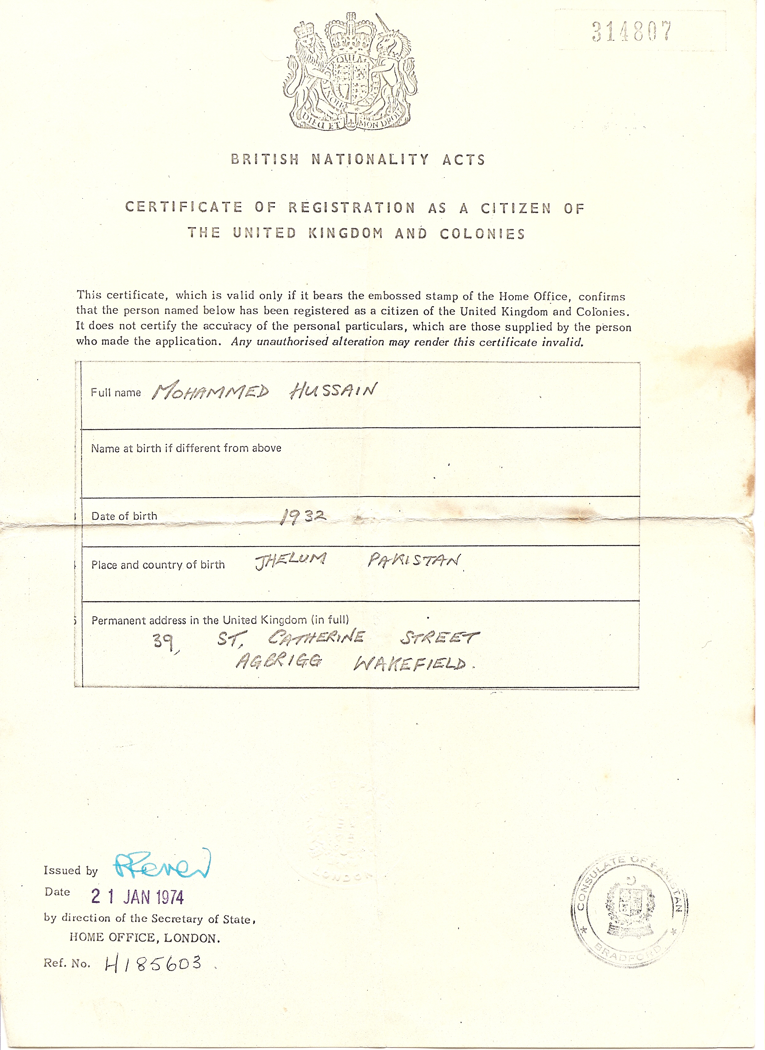 Photograph of a Certificate of Registration as a Citizen of the United Kingdom and Colonies