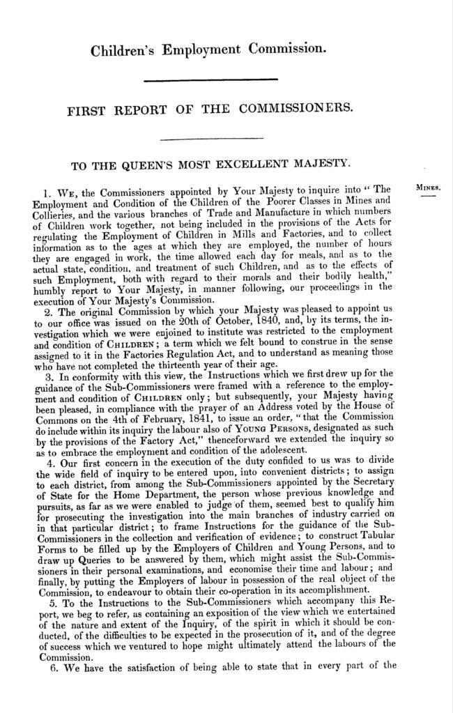 Printed text from 1842 Royal Commission into Children's Employment (Mines) Report.