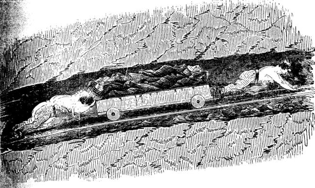 Illustration of children working in a narrow underground roadway showing them crawling on all fours with a cart of coal inbetween them