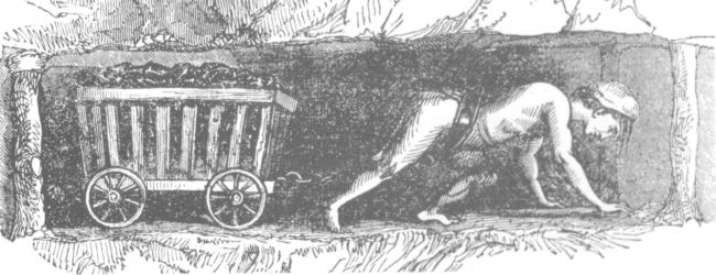 Illustration of a Victorian Hurrier pulling a tub of coal.  The boy is on all fours in a narrow tunnel.