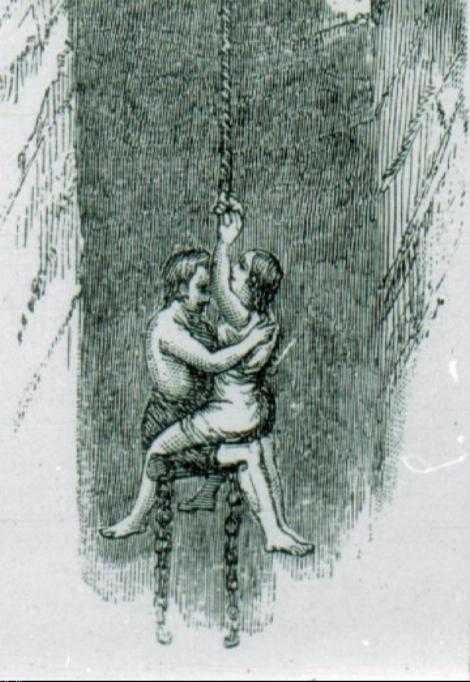 Illustration of children on rope descending into a dark mine.