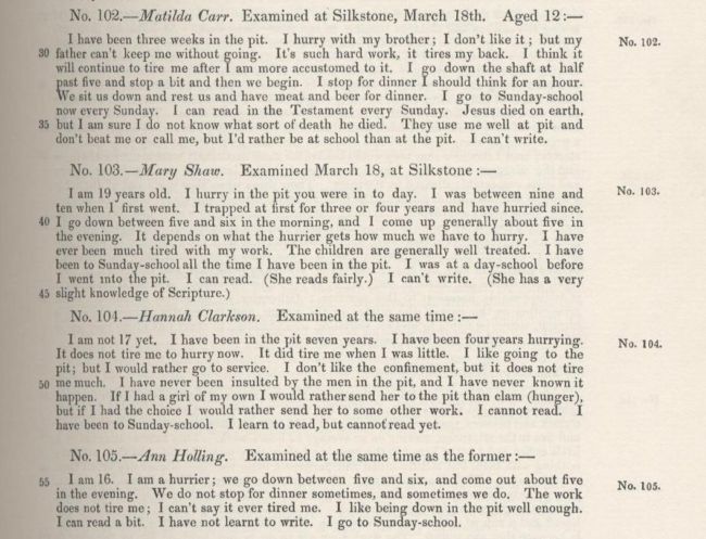 1842 Commissioners' findings on schooling for mining children