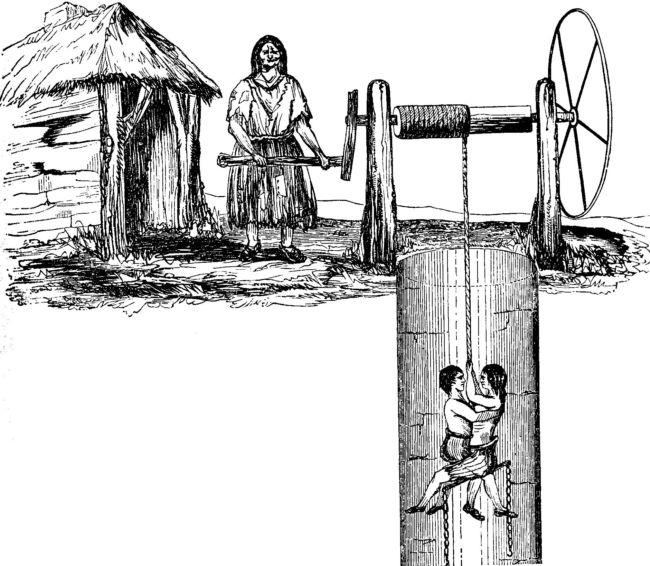 An illustration from 1842 Commissioners' Report showing woman lowering two children down a mine shaft