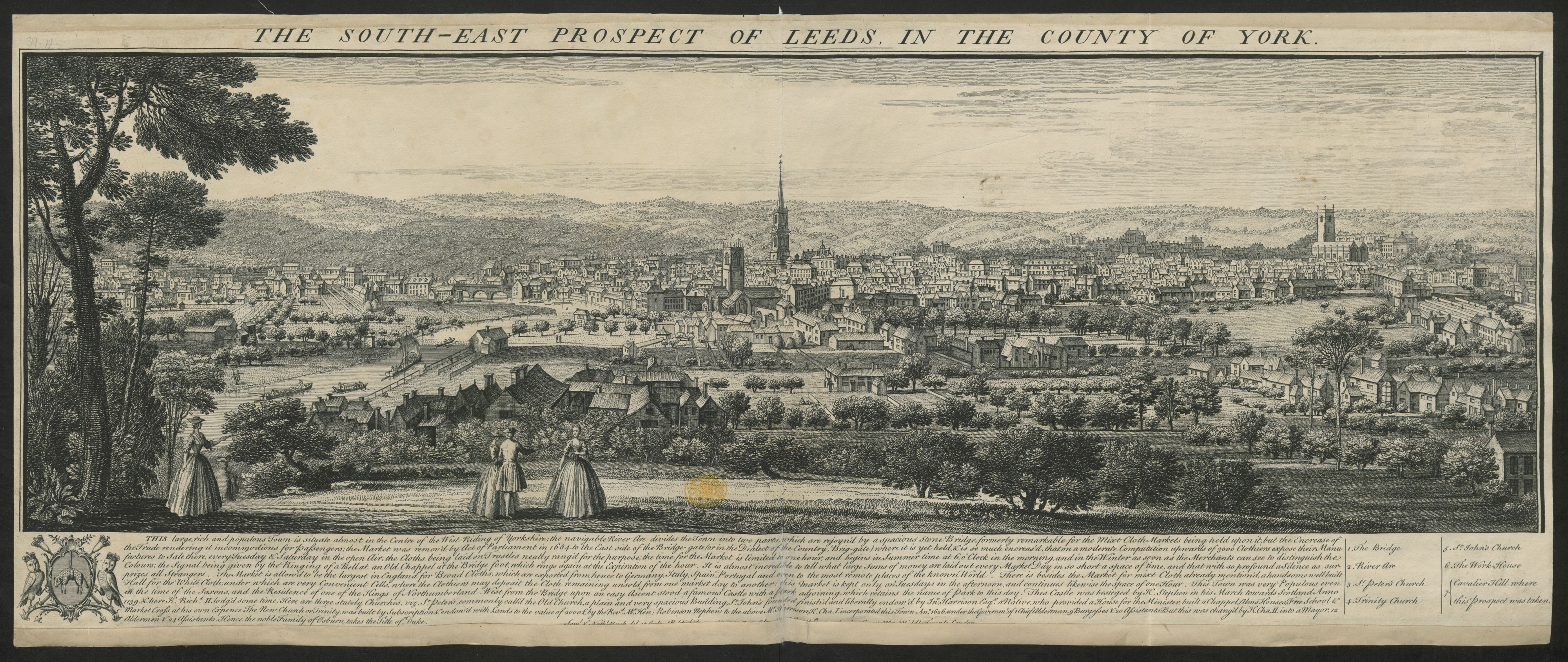 Widescreen drawing of the city of Leeds with spire in centre and buildings all around. In the foreground are well dressed people talking on in a park.