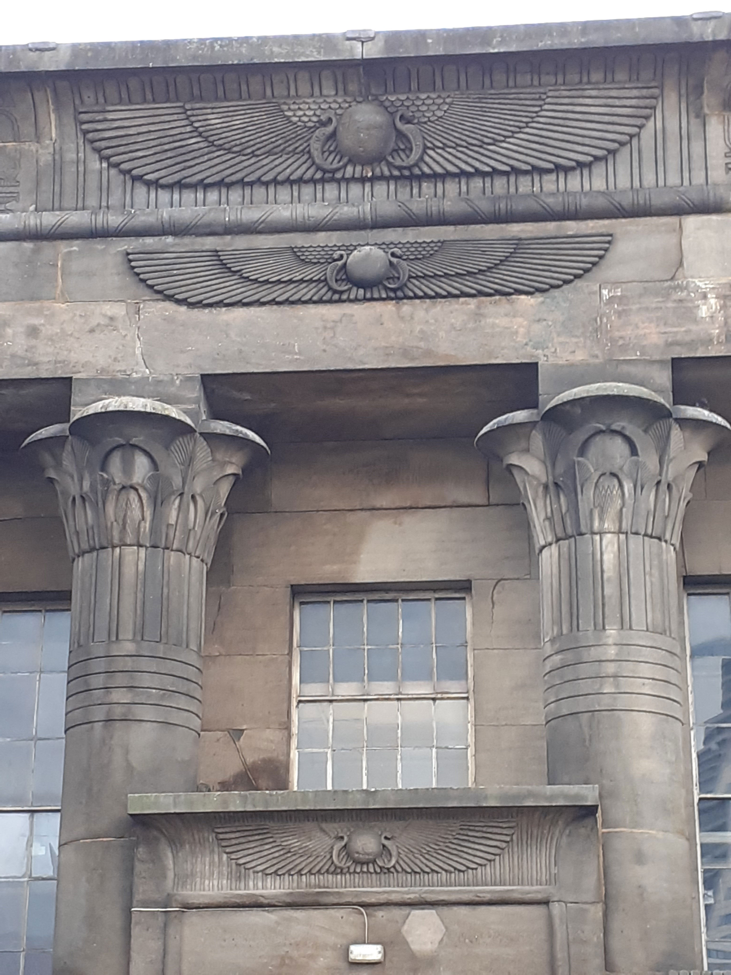 Colour photograph showing a detail of the Temple Works building in Leeds, with Egyptian design influence