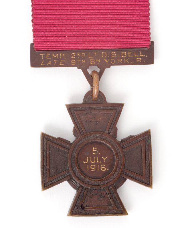 Back of WW1 Red Cross Medal inscribed '2nd L.T. D.S. Bell LATE 9TH BN YORK R, 5 July 1916'