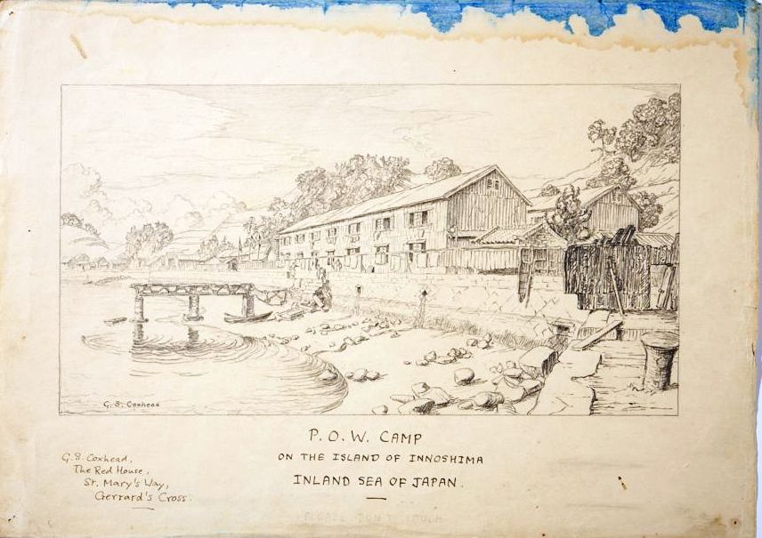 Pencil drawing showing a long wooden structure by the side of a body of water.