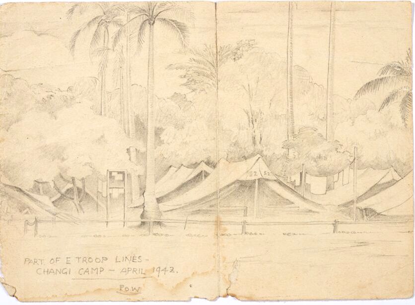 Pencil drawing showing lines and rows of large canvas tents, open at the ends. There are tall coconut trees around.