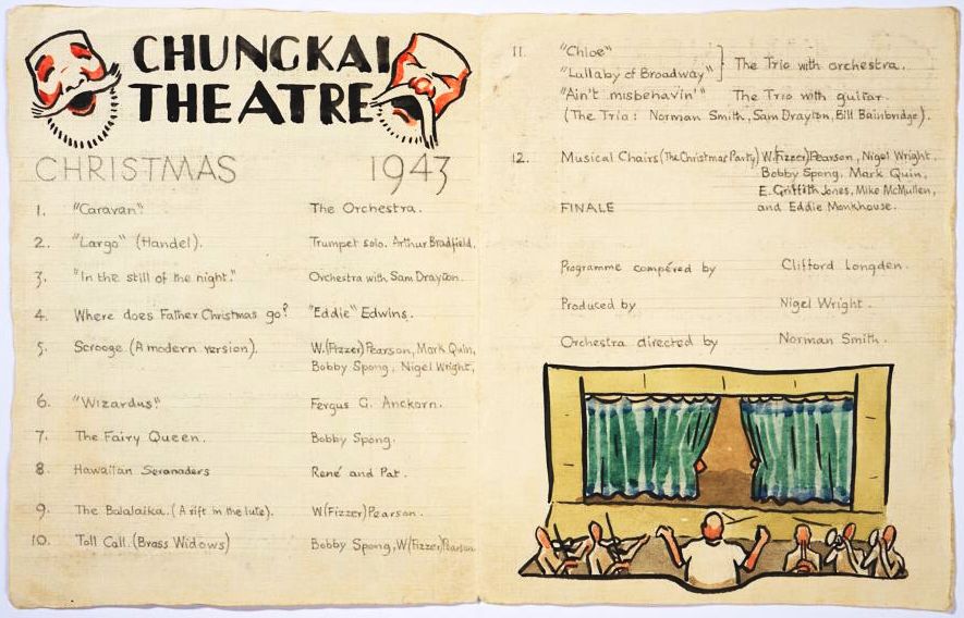 Hand drawn theatre programme for Christmas 1943, showing a list of different acts and a small drawing of a stage.