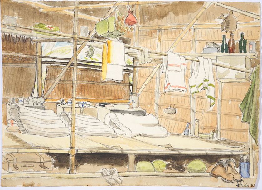 Watercolour painting of the inside of a bamboo hut. There are three beds laid out on a bamboo platform, bottles on a shelf and material hanging from bamboo poles