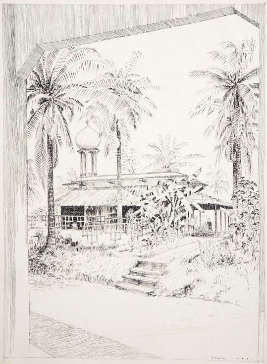 Pencil sketch showing coconut trees and a mosque made form thatched bamboo with a tower.