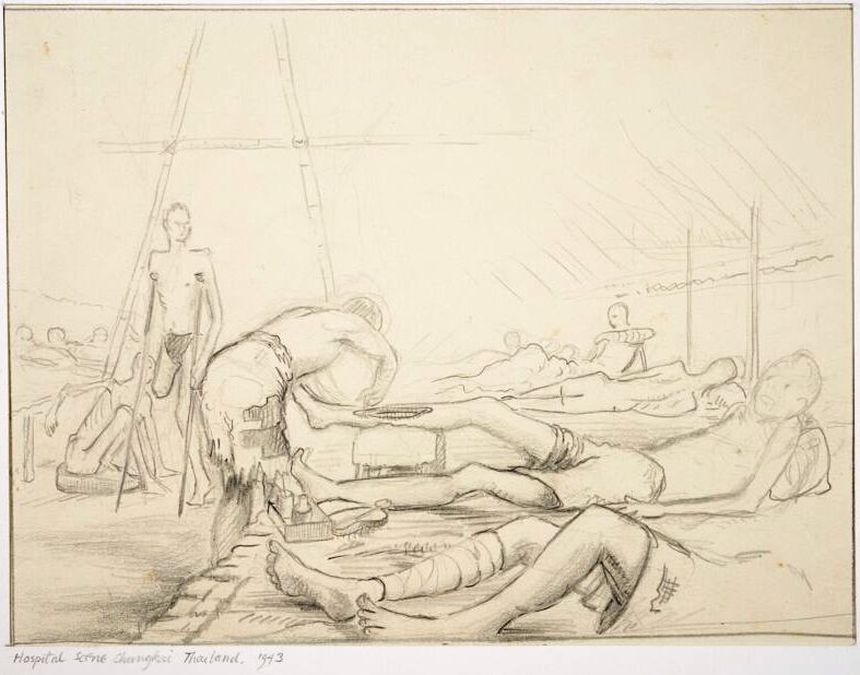 Pencil drawing showing men lying on makeshift beds with open and bandaged wounds on their legs. Another man is treating them.