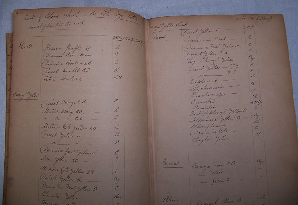 A photograph of an old, open dye book showing two pages filled with handwritten lists of dye types and suppliers. The left page is titled "List of Colours used in the Cold Dye Cotton" with subheadings "Reds" and "Orange Yellows." Under each subheading are various dye names and corresponding supplier codes or abbreviations written in neat cursive script. The right page continues with "Ranges Yellow Reds" and includes more detailed dye names, supplier information, and notes. The paper appears aged and slightly discoloured, with brownish edges, and the handwriting is in ink, appearing dark brown.