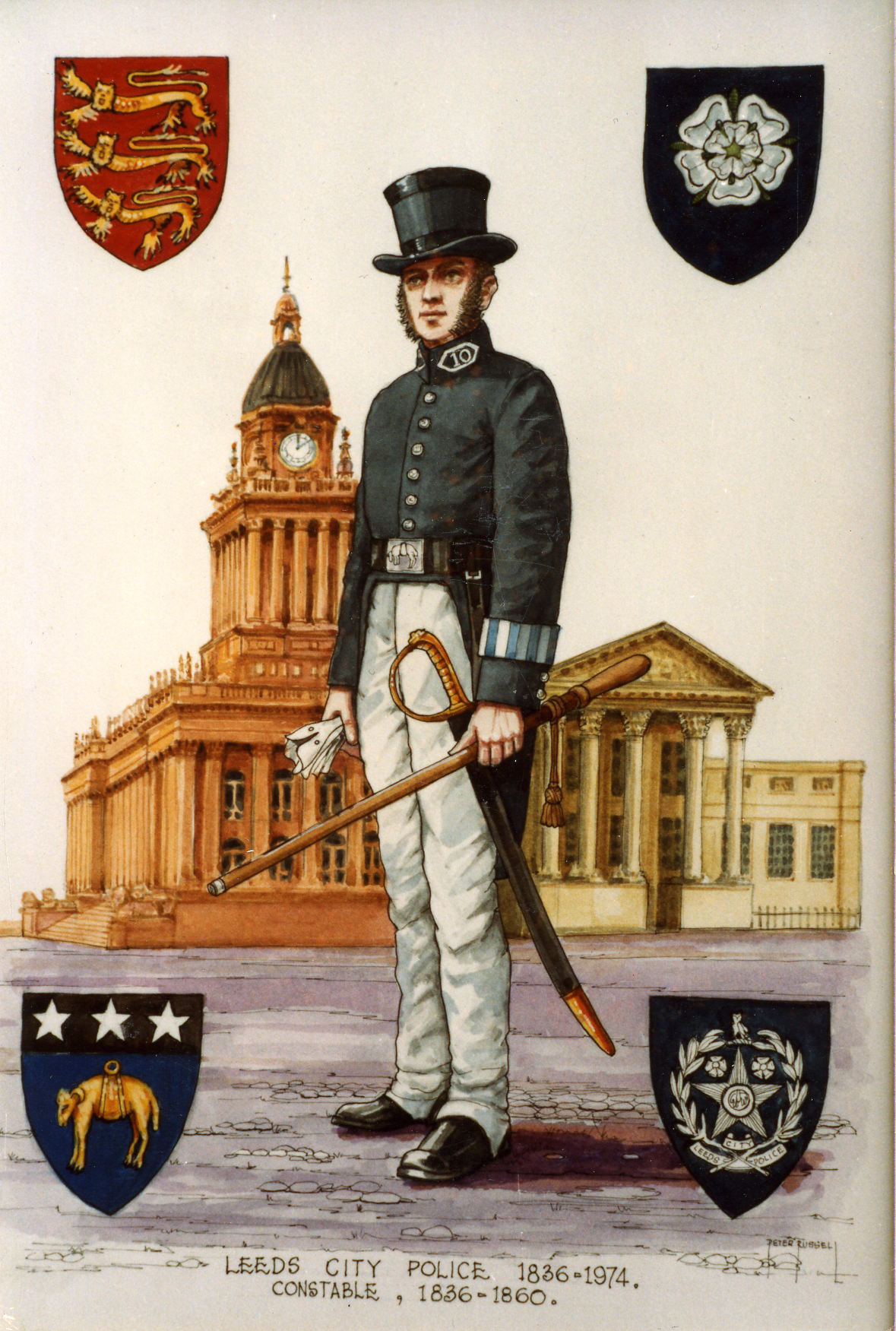 The police constable wears a black top hat and tailcoat, with white  trousers.  He is armed with a sword and a long wooden truncheon.
