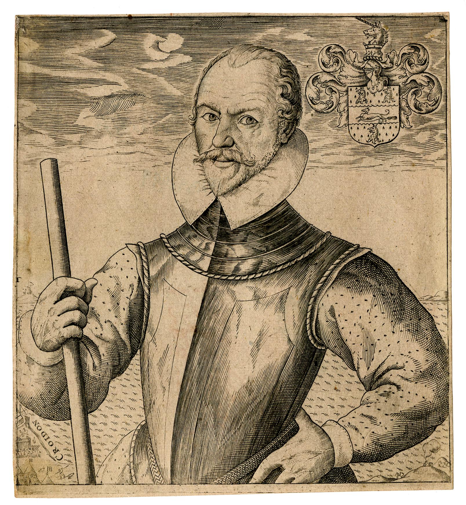 Engraved portrait of Sir Martin Frobisher, half-length, slightly turned to the left, in a breast plate with a high collar, one hand on his hip and the other holding a baton, with a large expanse of sea behind.