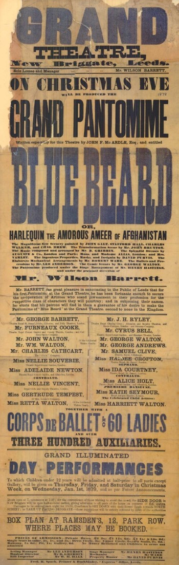 Printed advert from the Grand theatre for Blue Beard with information on the actors and how to book a seat.