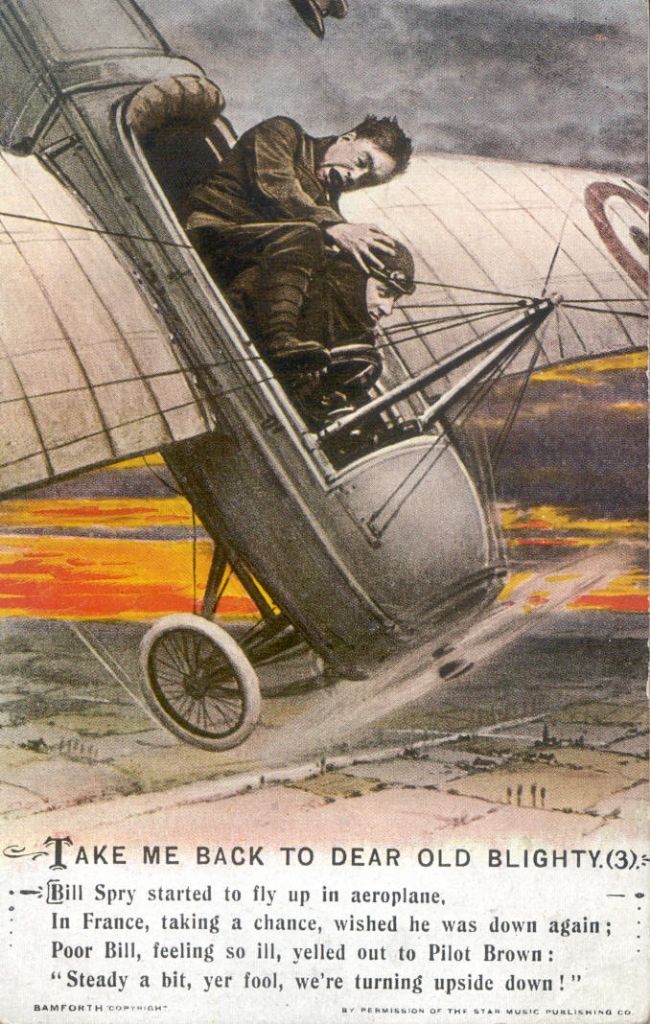 Colour-tinted postcard showing a passenger clinging on to a pilot as the aircraft steeply descends