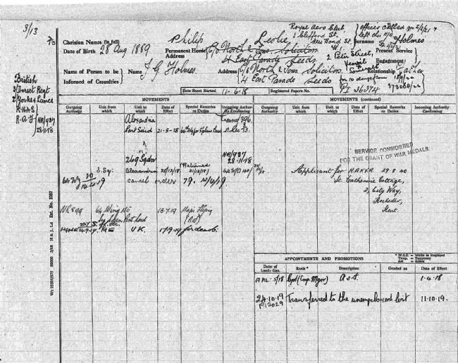 Service record belonging to Major Philip Leslie Holmes covering 1918-1919