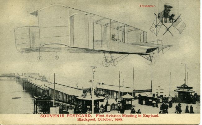 Black and white photographic postcard, published as a souvenir of the first official aviation meeting in England, organised by the Royal Aero Club at Blackpool in 1909