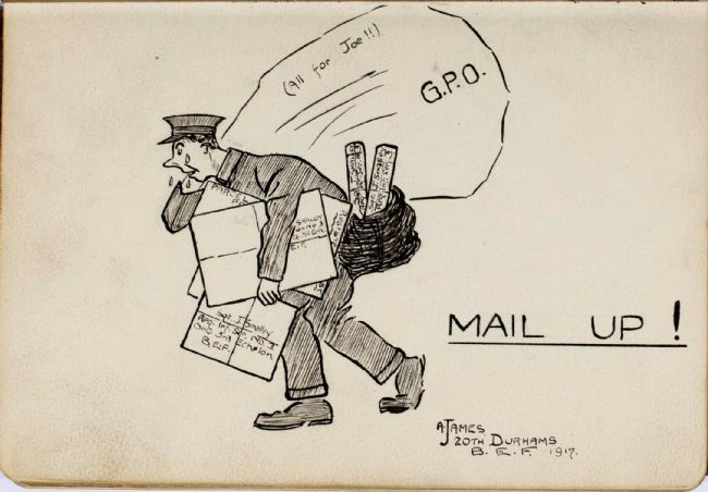 Drawing of an exhausted postman whose entire delivery is addressed to Sergeant Joe Smalley