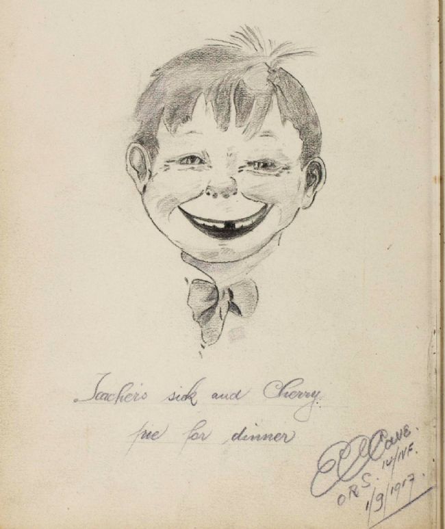 Pencil portrait sketch of a happy-looking boy with a missing tooth