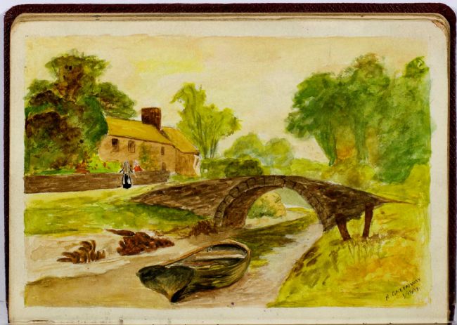 Watercolour of an empty boat about to sail under a bridge