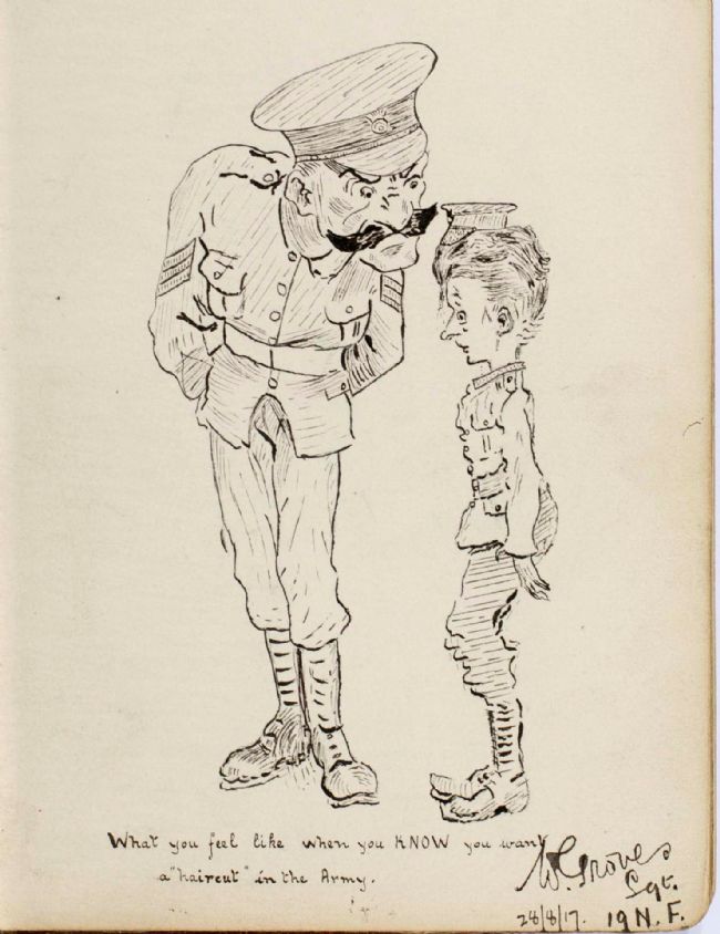 Pen and ink sketch of a junior soldier who needs a haircut, describing how he feels as he is inspected by a senior officer