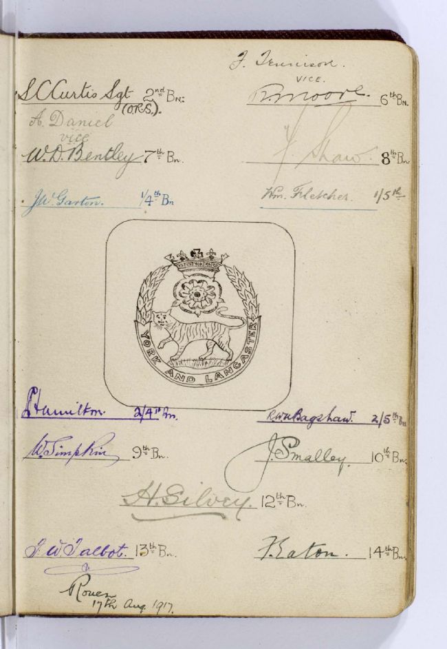 Pen and ink sketch of the cap badge of the York and Lancaster Regiment, surrounded by fifteen autographs of members of the Regiment, from several battalions