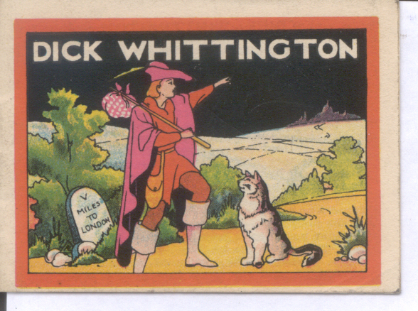 Colour illustrations showing a figure and a cat on a yellow road. The figure's clothes are pink and orange. A sign says 'five miles to London'
