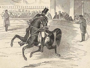 Illustration showing a Black man wearing a top hat and riding a horse in a circus ring.