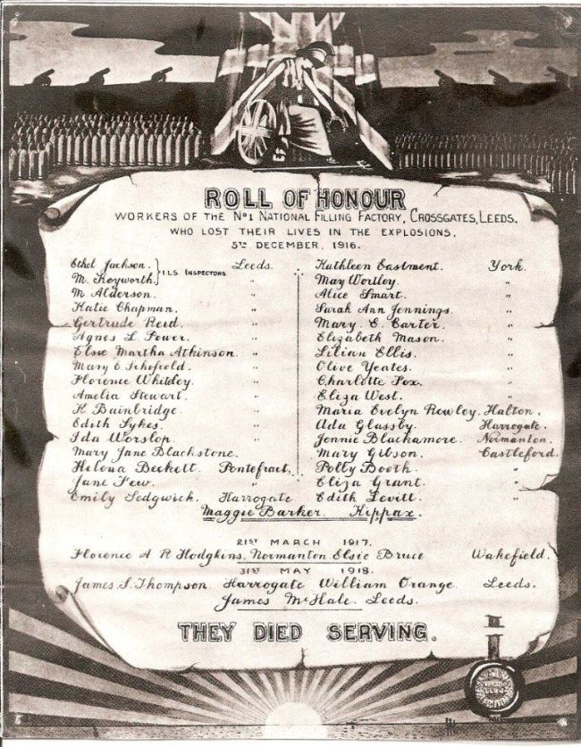 Roll of honour listing the names of those killed in the explosion at the Barnbow Factory on 5th December 1916