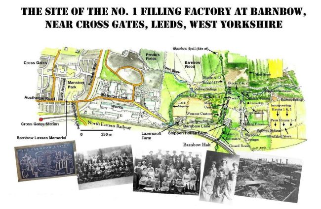 Watercolour illustrated map of the Barnbow site showing the factory, memorial and farm.