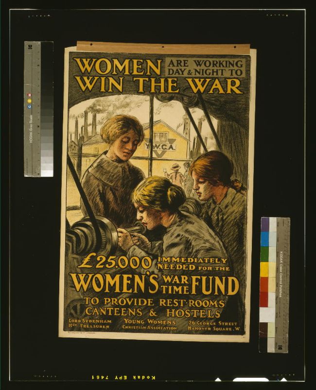 Propaganda poster showing an illustration of women working at a lathe